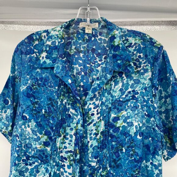 Coldwater Creek Womens Button Up Top Short Sleeve Pleated Blue/Multi Large - Picture 2 of 9
